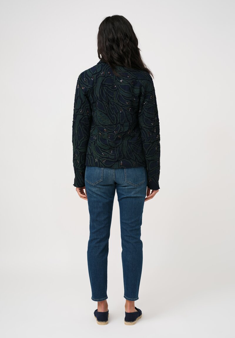 Alabama Chanin Cotton Embroidered Fallen Leaves Appliqué Jacket in Midnight Teal Blue