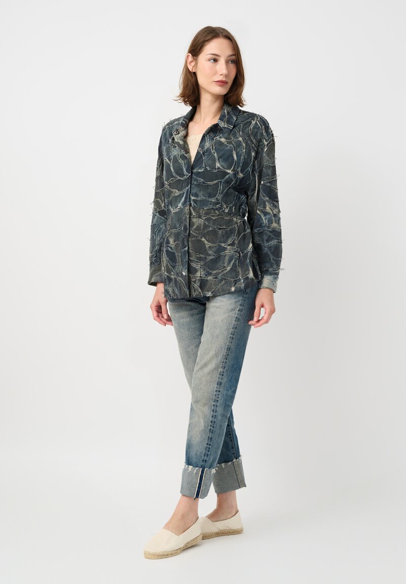 Alabama Chanin Cotton Hand-Painted Fallen Leaves Appliqué Jacket in Petrichor Blue