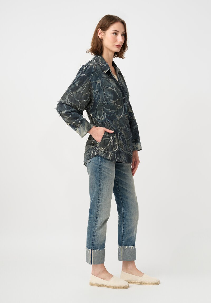 Alabama Chanin Cotton Hand-Painted Fallen Leaves Appliqué Jacket in Petrichor Blue