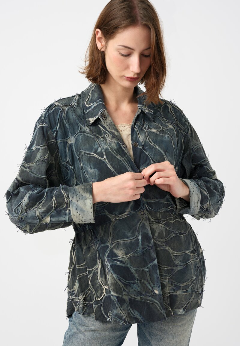 Alabama Chanin Cotton Hand-Painted Fallen Leaves Appliqué Jacket in Petrichor Blue