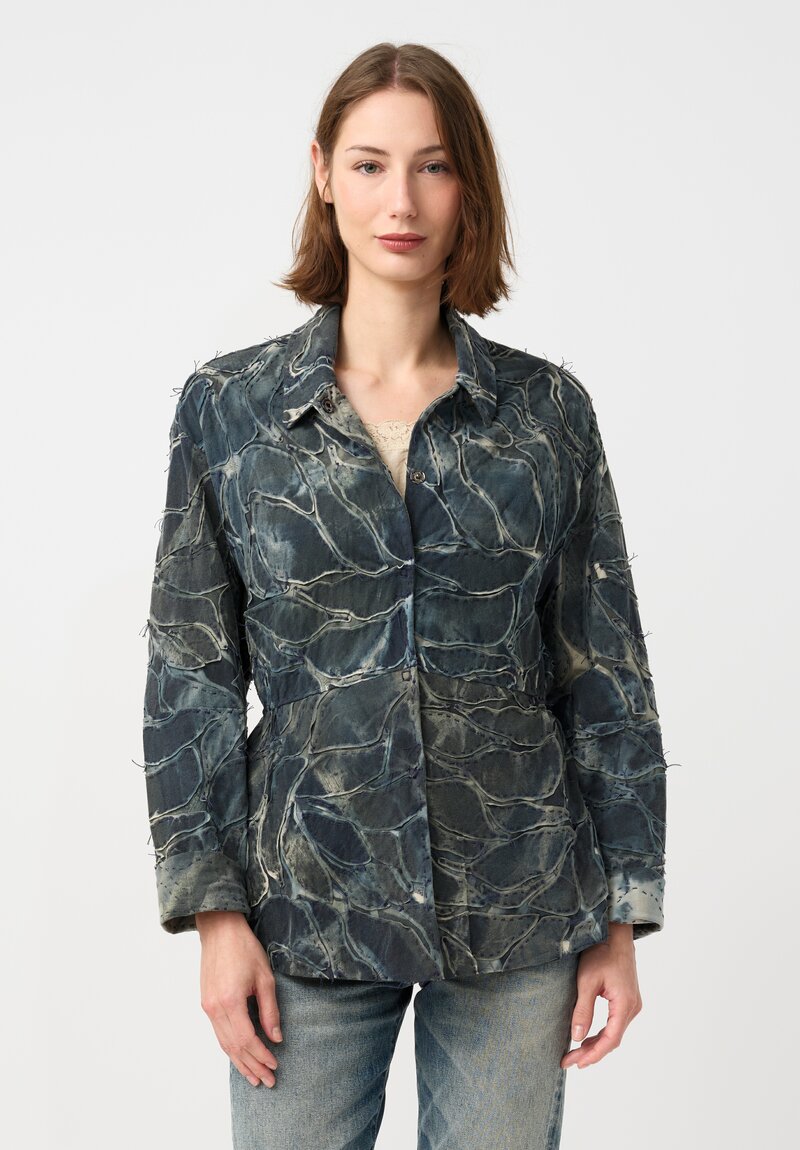 Alabama Chanin Cotton Hand-Painted Fallen Leaves Appliqué Jacket in Petrichor Blue
