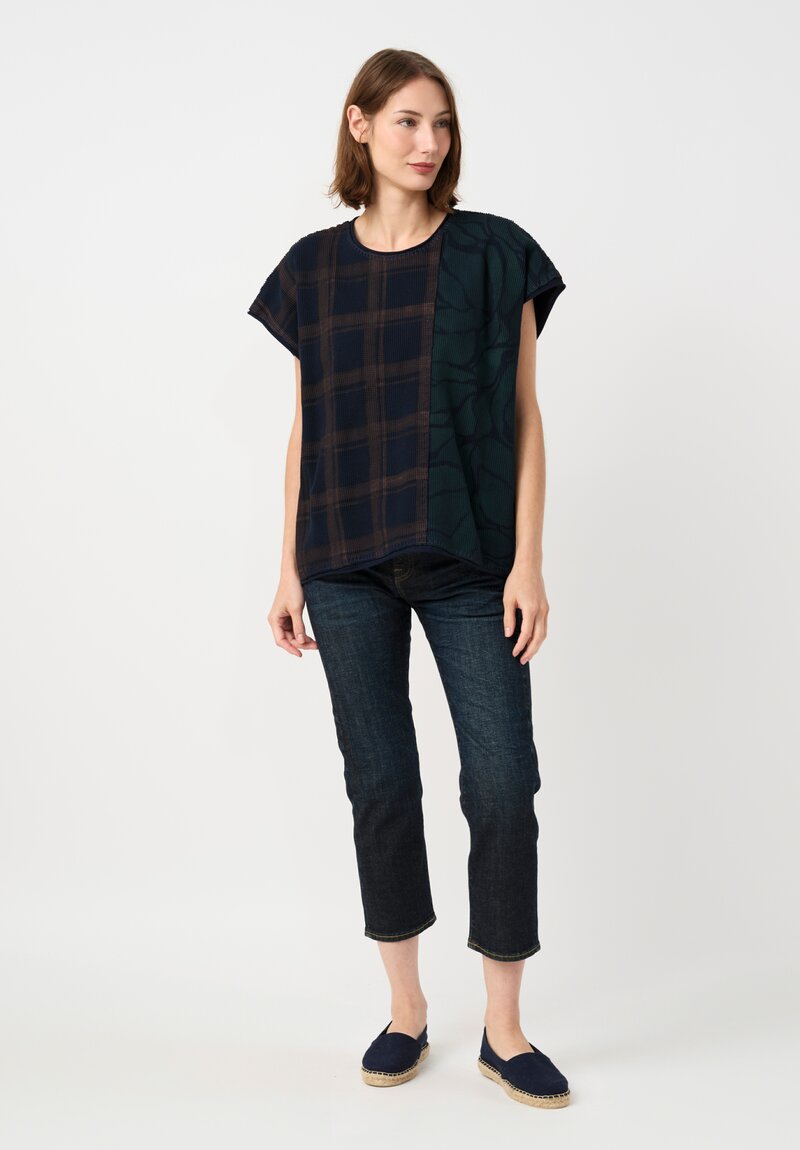 Alabama Chanin Cotton Hand-Dyed Waffle Knit Top in Eclipse Blue Plaid & Midnight Teal Fallen Leaves