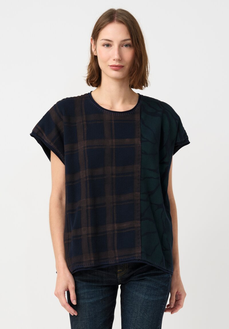 Alabama Chanin Cotton Hand-Dyed Waffle Knit Top in Eclipse Blue Plaid & Midnight Teal Fallen Leaves