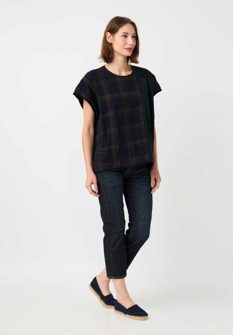 Alabama Chanin Cotton Hand-Dyed Waffle Knit Top in Eclipse Blue Plaid & Midnight Teal Fallen Leaves