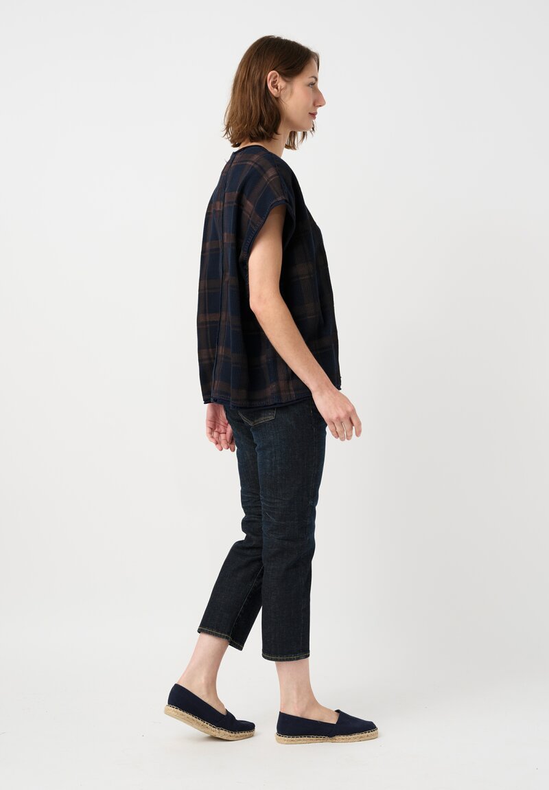 Alabama Chanin Cotton Hand-Dyed Waffle Knit Top in Eclipse Blue Plaid & Midnight Teal Fallen Leaves