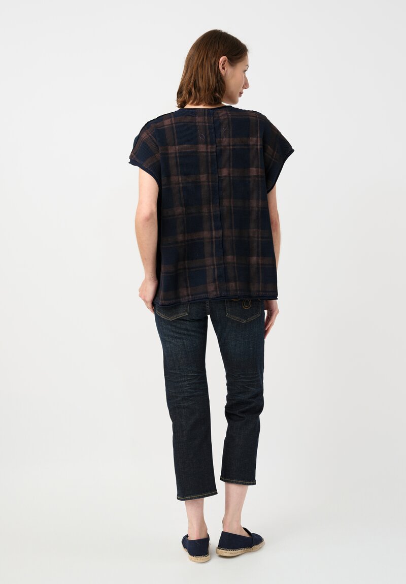 Alabama Chanin Cotton Hand-Dyed Waffle Knit Top in Eclipse Blue Plaid & Midnight Teal Fallen Leaves