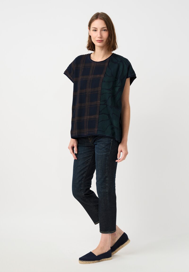 Alabama Chanin Cotton Hand-Dyed Waffle Knit Top in Eclipse Blue Plaid & Midnight Teal Fallen Leaves