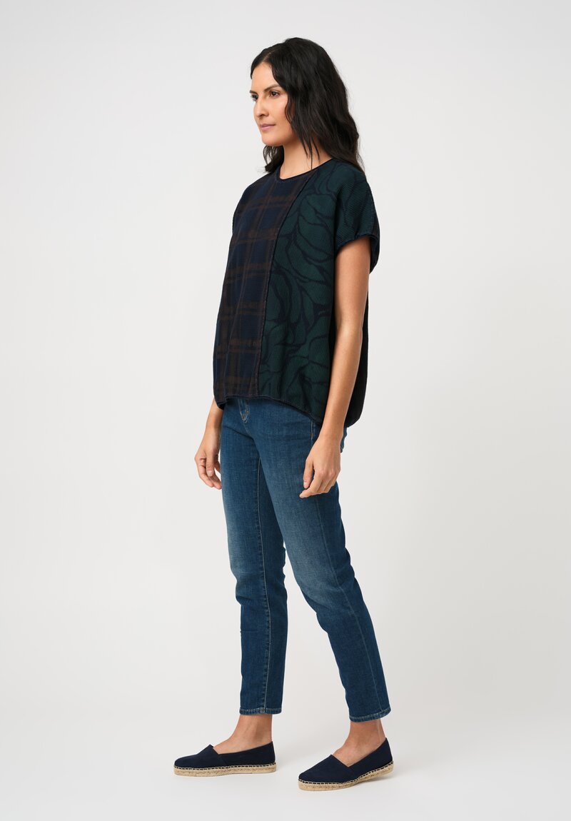 Alabama Chanin Cotton Hand-Dyed Waffle Knit Top in Eclipse Blue Plaid & Midnight Teal Fallen Leaves