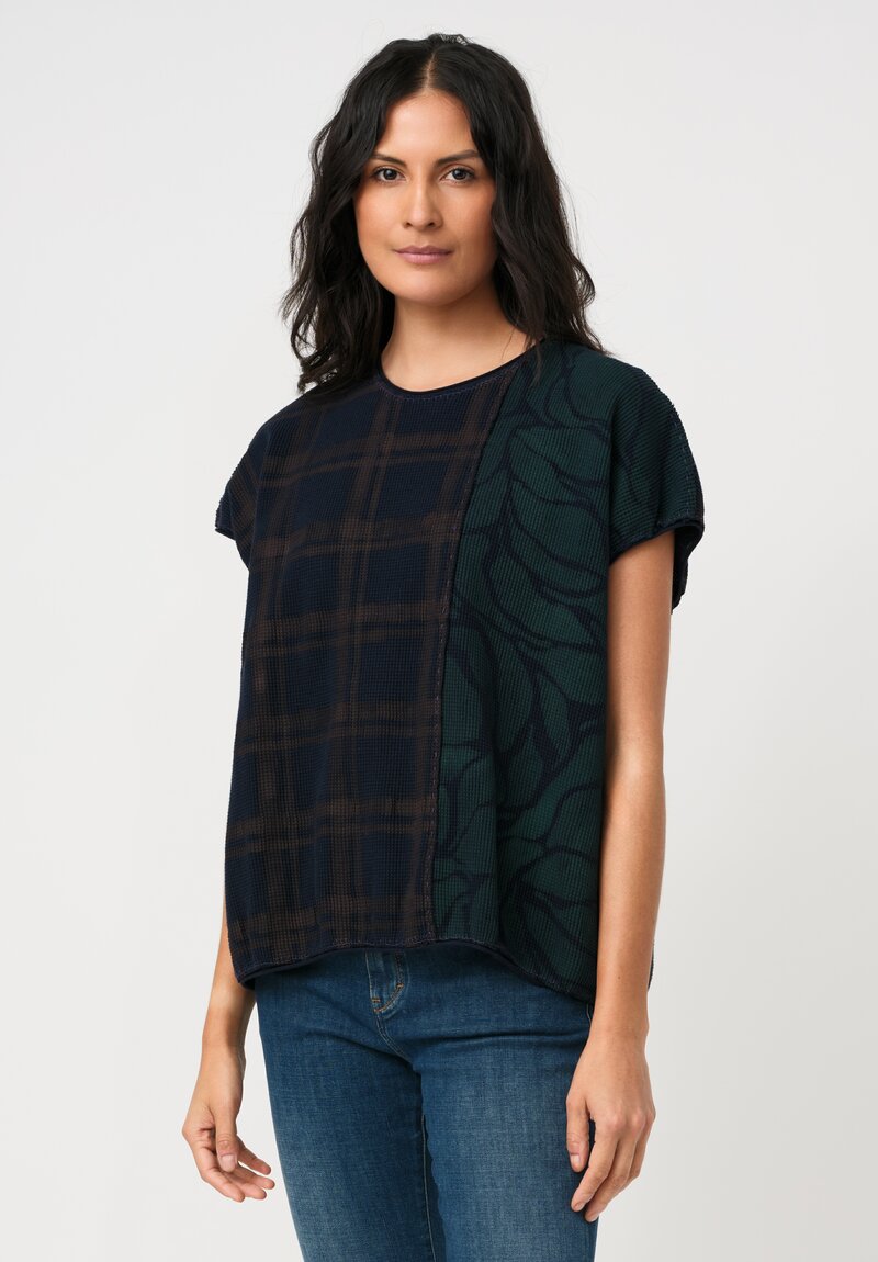 Alabama Chanin Cotton Hand-Dyed Waffle Knit Top in Eclipse Blue Plaid & Midnight Teal Fallen Leaves