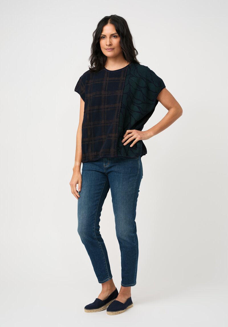 Alabama Chanin Cotton Hand-Dyed Waffle Knit Top in Eclipse Blue Plaid & Midnight Teal Fallen Leaves