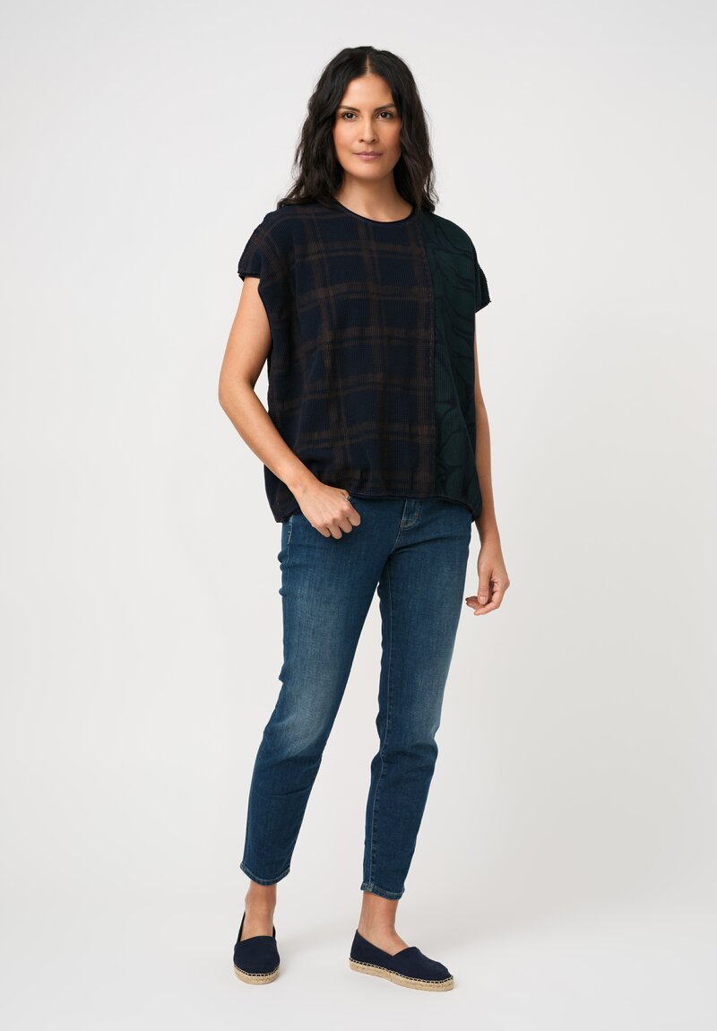 Alabama Chanin Cotton Hand-Dyed Waffle Knit Top in Eclipse Blue Plaid & Midnight Teal Fallen Leaves