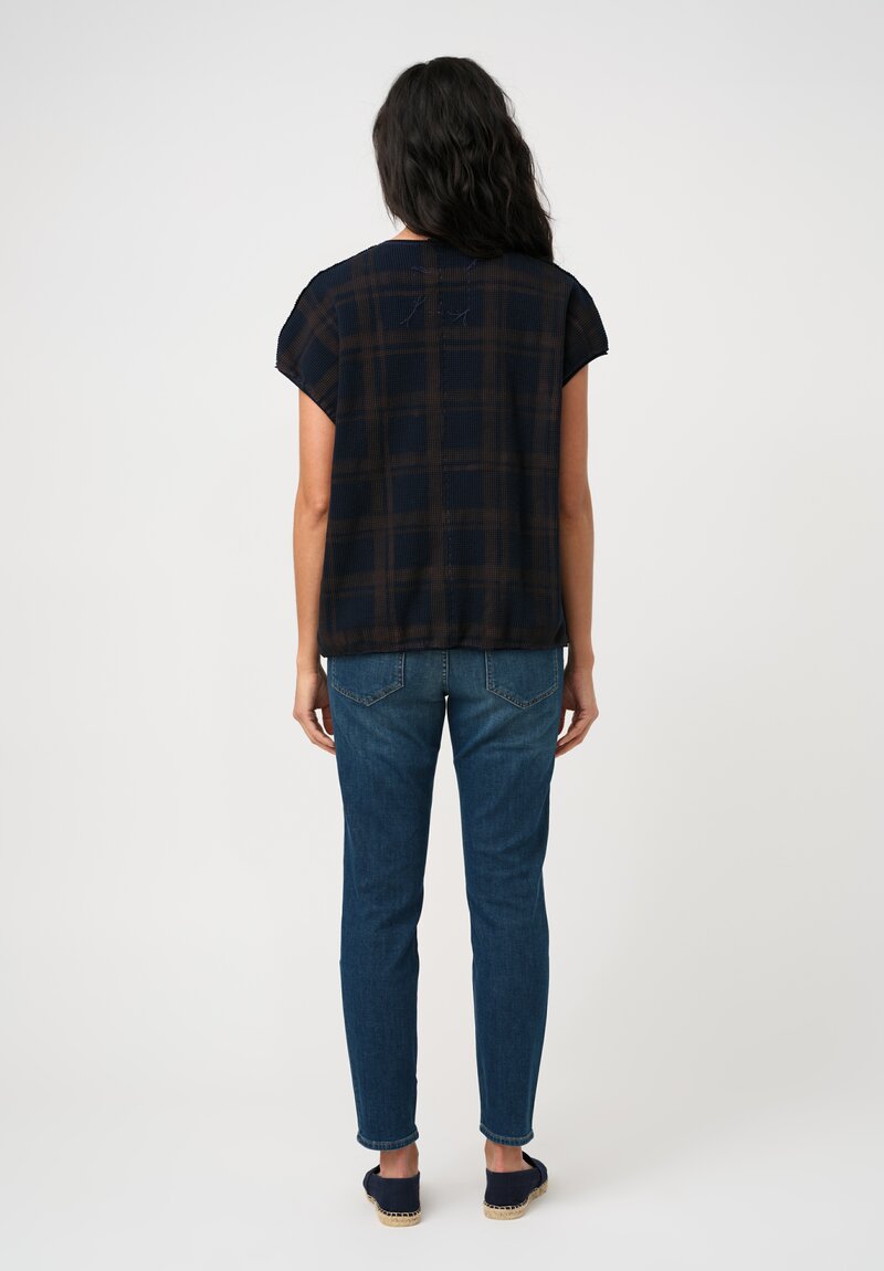 Alabama Chanin Cotton Hand-Dyed Waffle Knit Top in Eclipse Blue Plaid & Midnight Teal Fallen Leaves