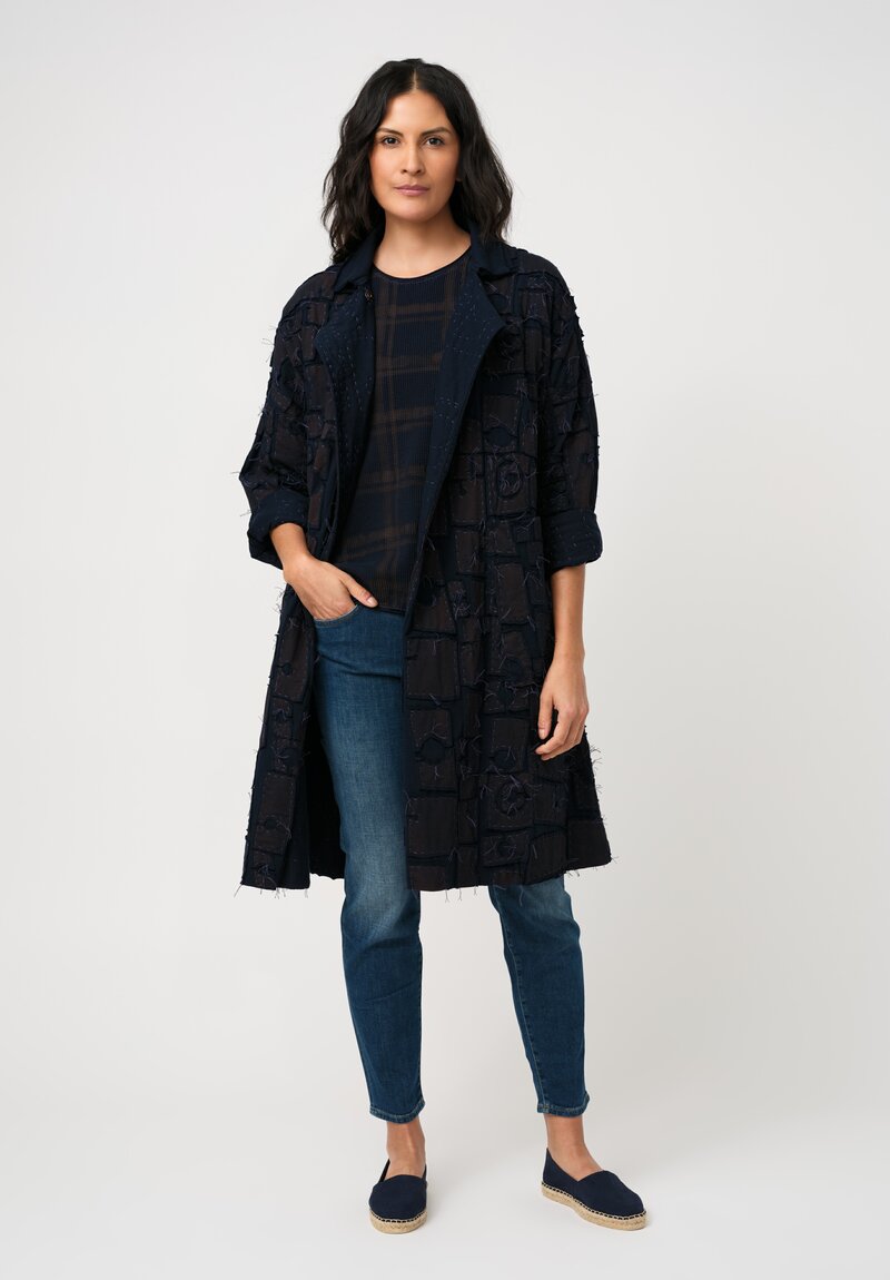 Alabama Chanin Cotton Hand-Dyed Waffle Knit Top in Eclipse Blue Plaid & Midnight Teal Fallen Leaves