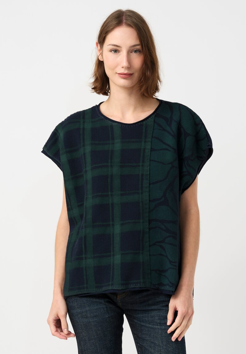 Alabama Chanin Cotton Hand-Dyed Waffle Knit Top in Midnight Teal Blue Plaid & Fallen Leaves
