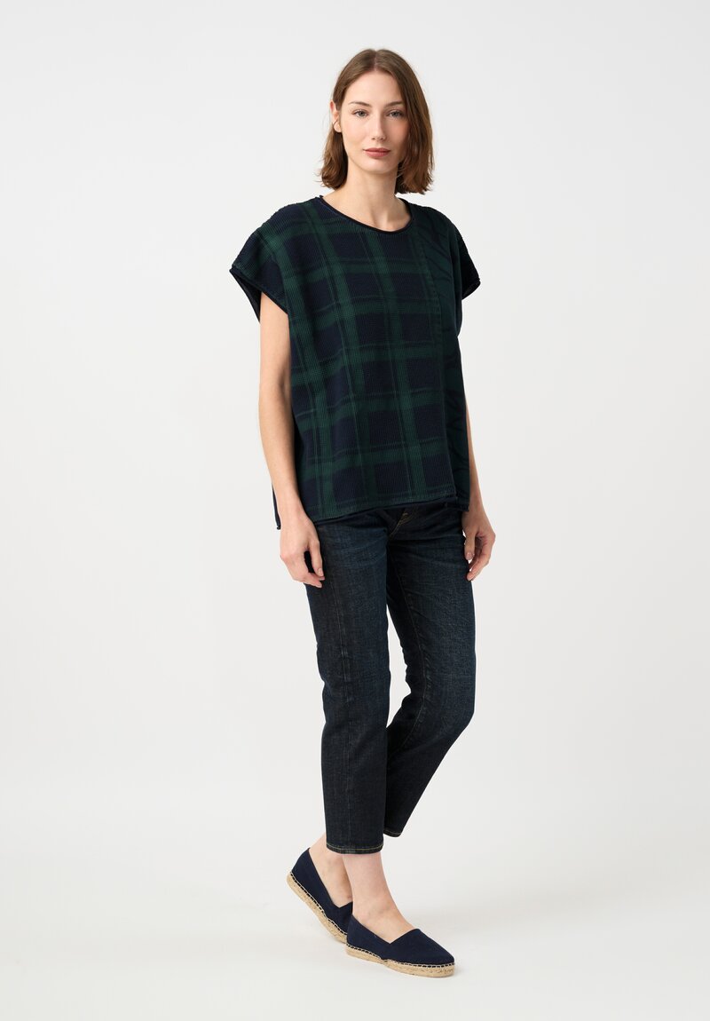 Alabama Chanin Cotton Hand-Dyed Waffle Knit Top in Midnight Teal Blue Plaid & Fallen Leaves