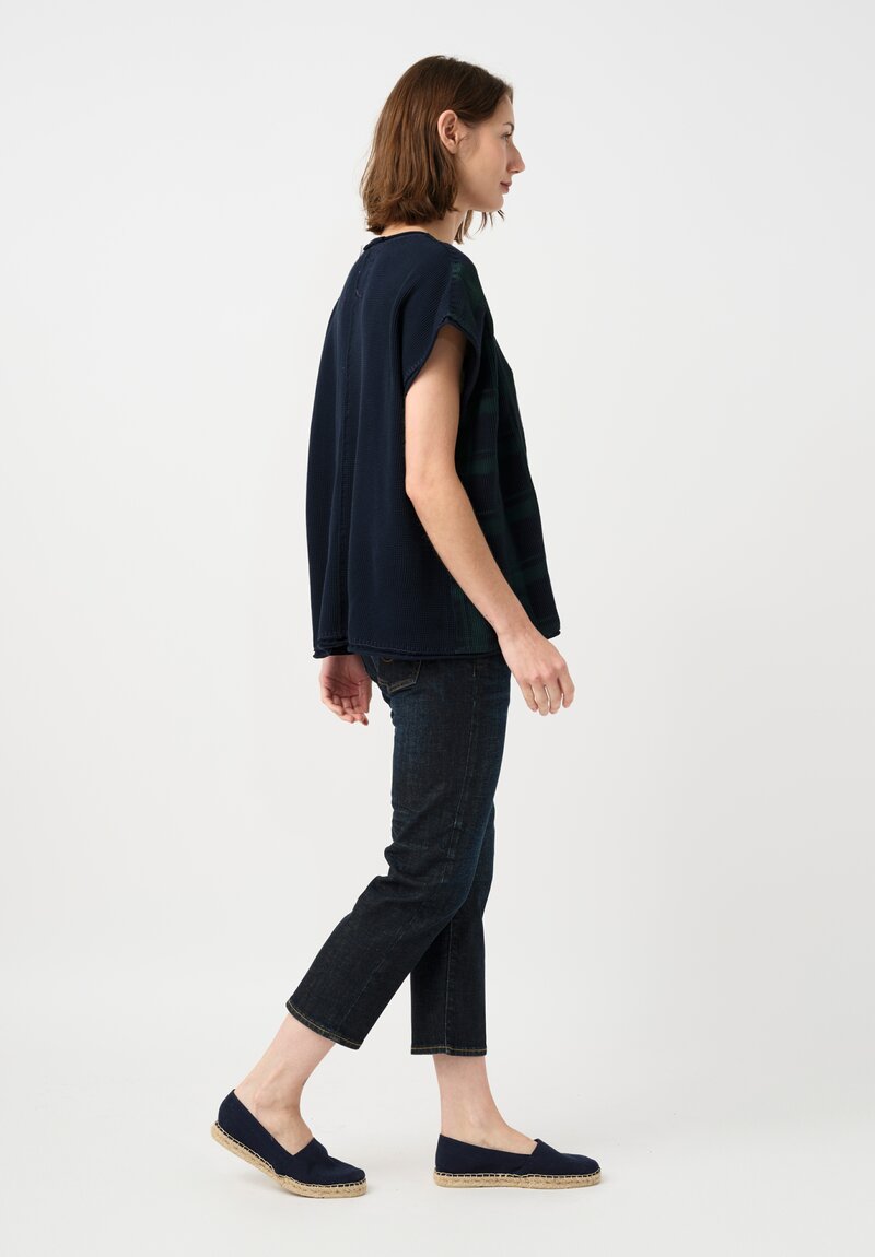 Alabama Chanin Cotton Hand-Dyed Waffle Knit Top in Midnight Teal Blue Plaid & Fallen Leaves
