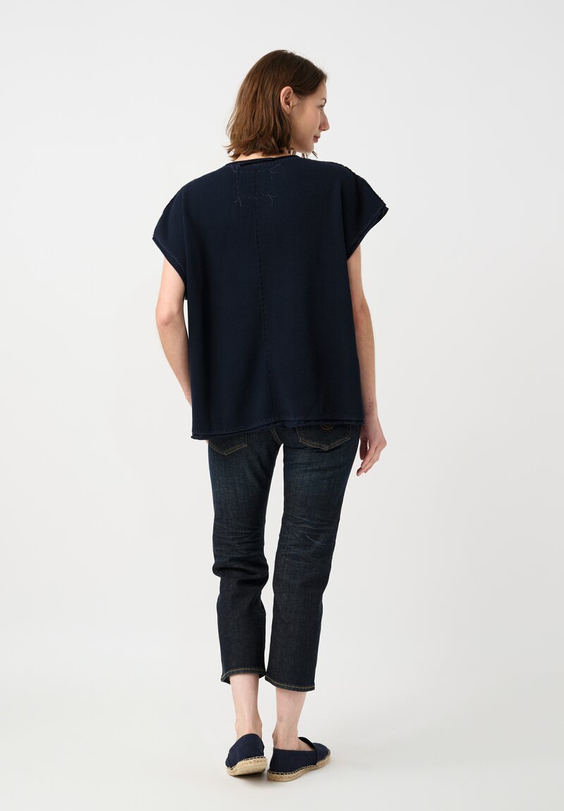 Alabama Chanin Cotton Hand-Dyed Waffle Knit Top in Midnight Teal Blue Plaid & Fallen Leaves