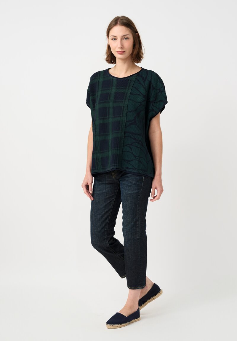 Alabama Chanin Cotton Hand-Dyed Waffle Knit Top in Midnight Teal Blue Plaid & Fallen Leaves