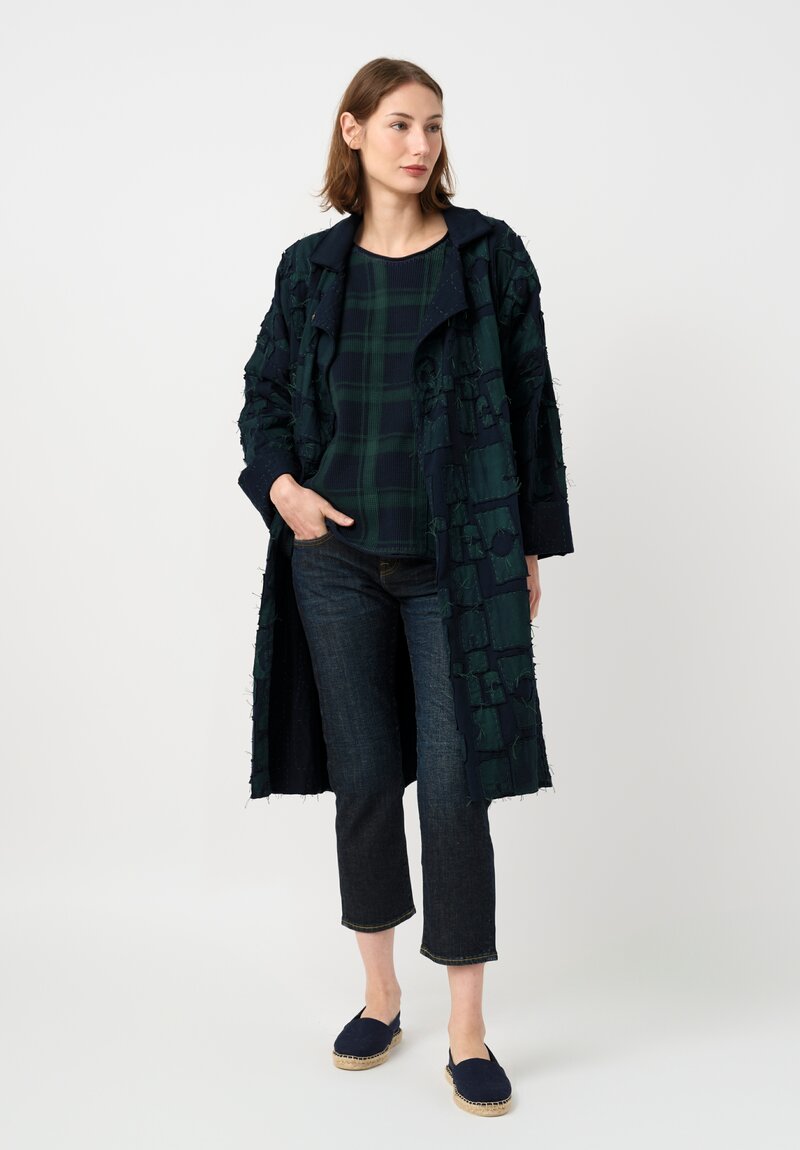Alabama Chanin Cotton Hand-Dyed Waffle Knit Top in Midnight Teal Blue Plaid & Fallen Leaves