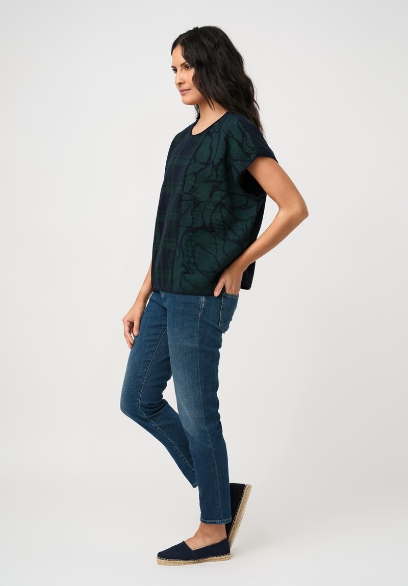 Alabama Chanin Cotton Hand-Dyed Waffle Knit Top in Midnight Teal Blue Plaid & Fallen Leaves