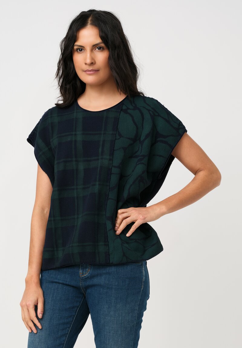 Alabama Chanin Cotton Hand-Dyed Waffle Knit Top in Midnight Teal Blue Plaid & Fallen Leaves