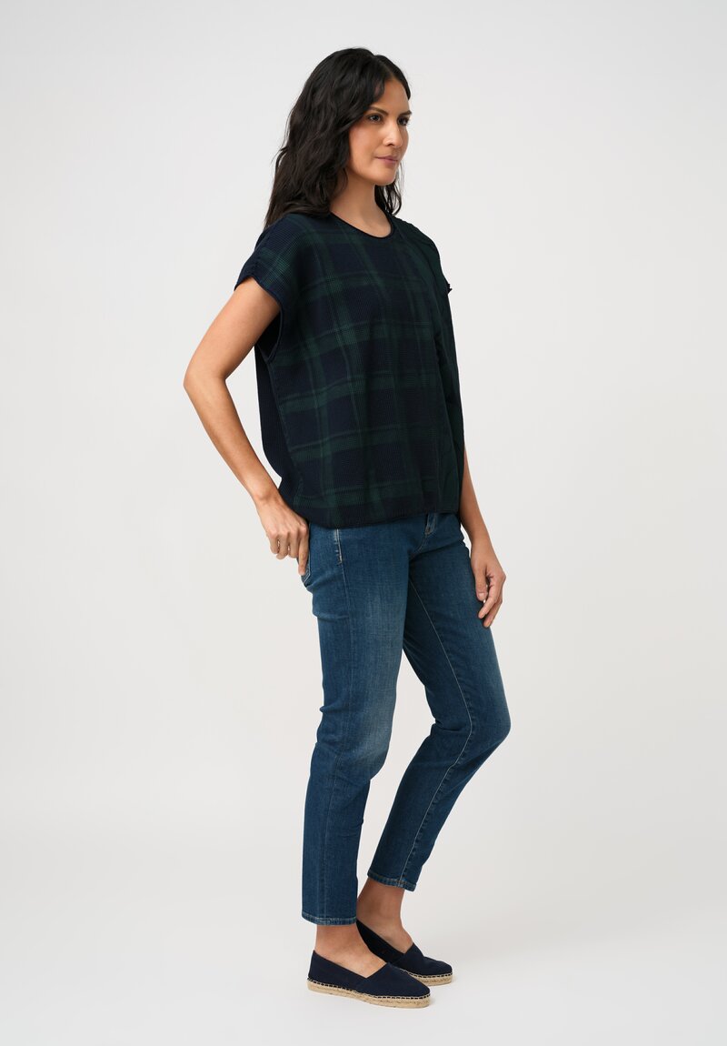 Alabama Chanin Cotton Hand-Dyed Waffle Knit Top in Midnight Teal Blue Plaid & Fallen Leaves