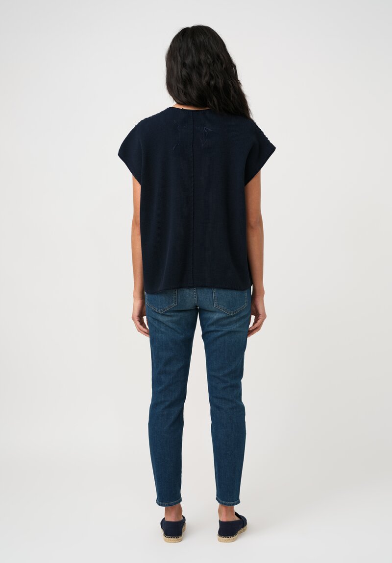 Alabama Chanin Cotton Hand-Dyed Waffle Knit Top in Midnight Teal Blue Plaid & Fallen Leaves