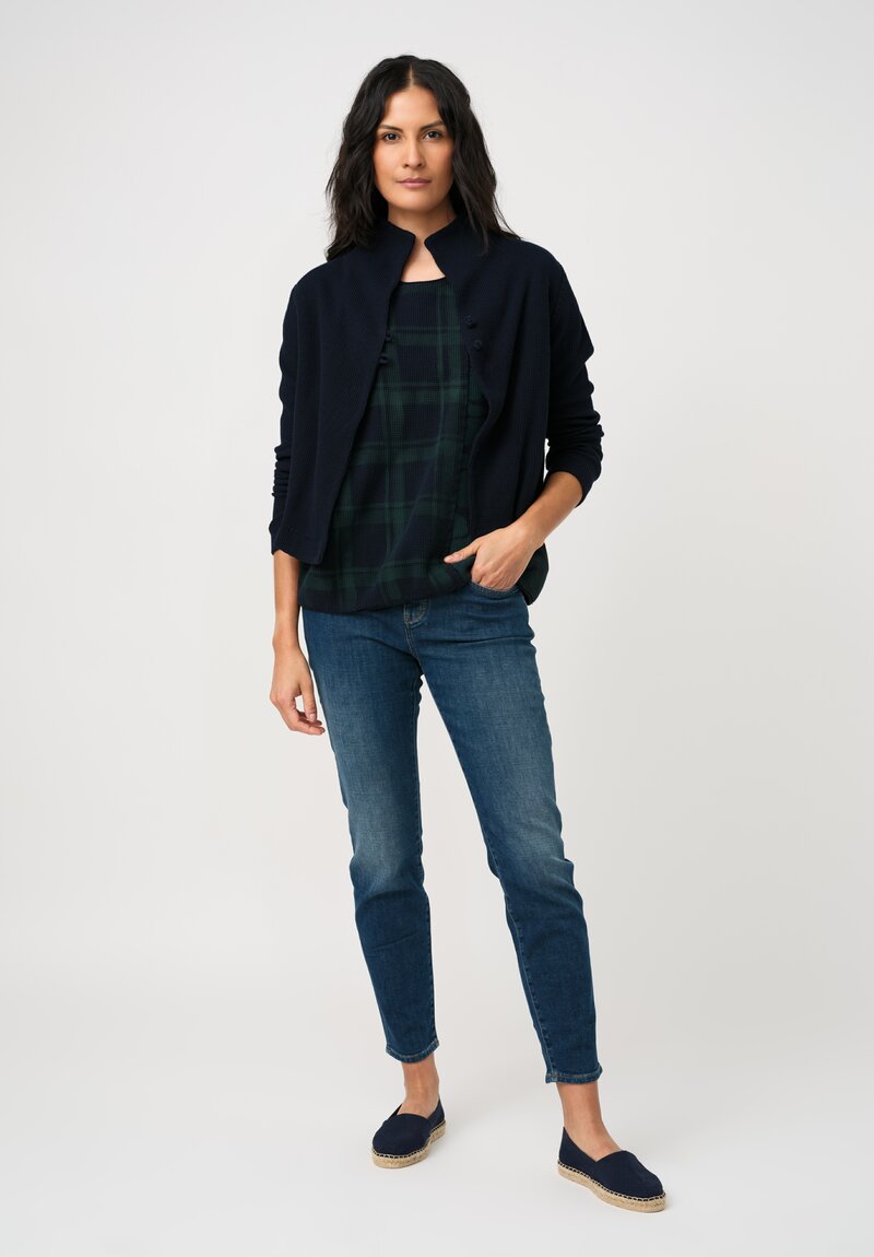 Alabama Chanin Cotton Hand-Dyed Waffle Knit Top in Midnight Teal Blue Plaid & Fallen Leaves