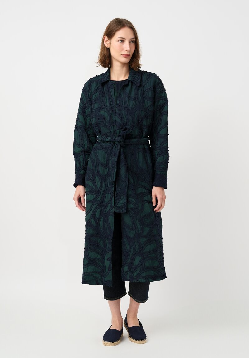 Alabama Chanin Fallen Leaves Trench Coat in Midnight Teal Blue