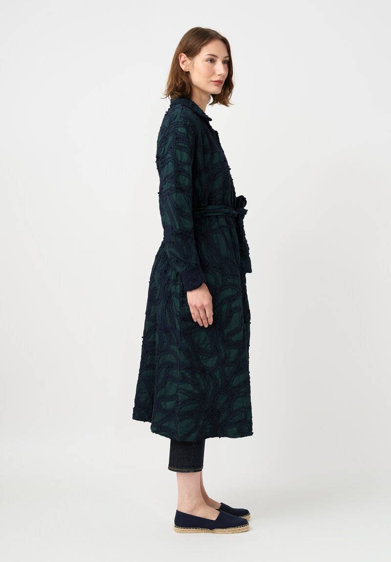 Alabama Chanin Fallen Leaves Trench Coat in Midnight Teal Blue