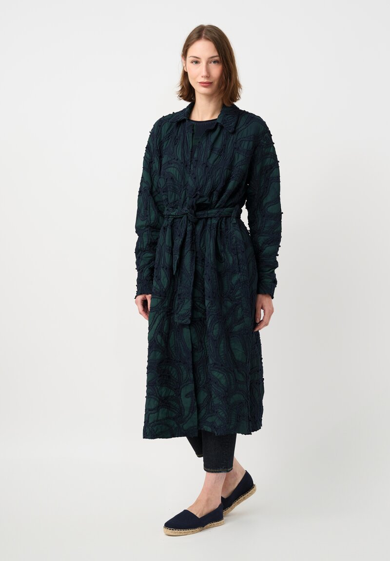 Alabama Chanin Fallen Leaves Trench Coat in Midnight Teal Blue