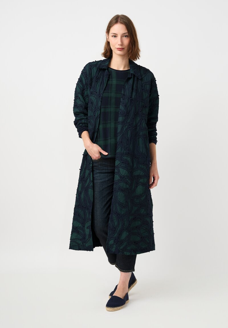 Alabama Chanin Fallen Leaves Trench Coat in Midnight Teal Blue