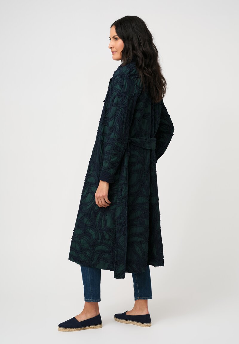 Alabama Chanin Cotton Fallen Leaves Appliqué Trench Coat in Midnight Teal Blue