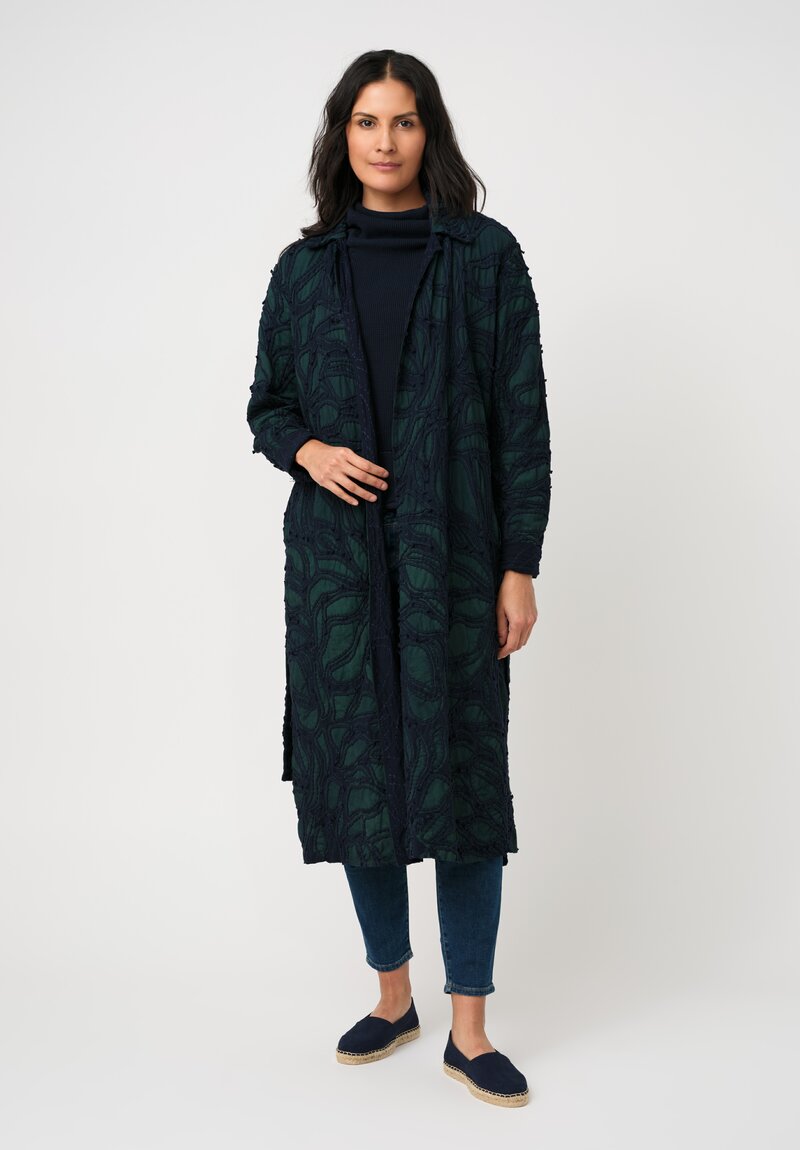 Alabama Chanin Cotton Fallen Leaves Appliqué Trench Coat in Midnight Teal Blue