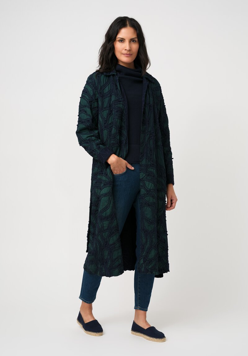 Alabama Chanin Cotton Fallen Leaves Appliqué Trench Coat in Midnight Teal Blue