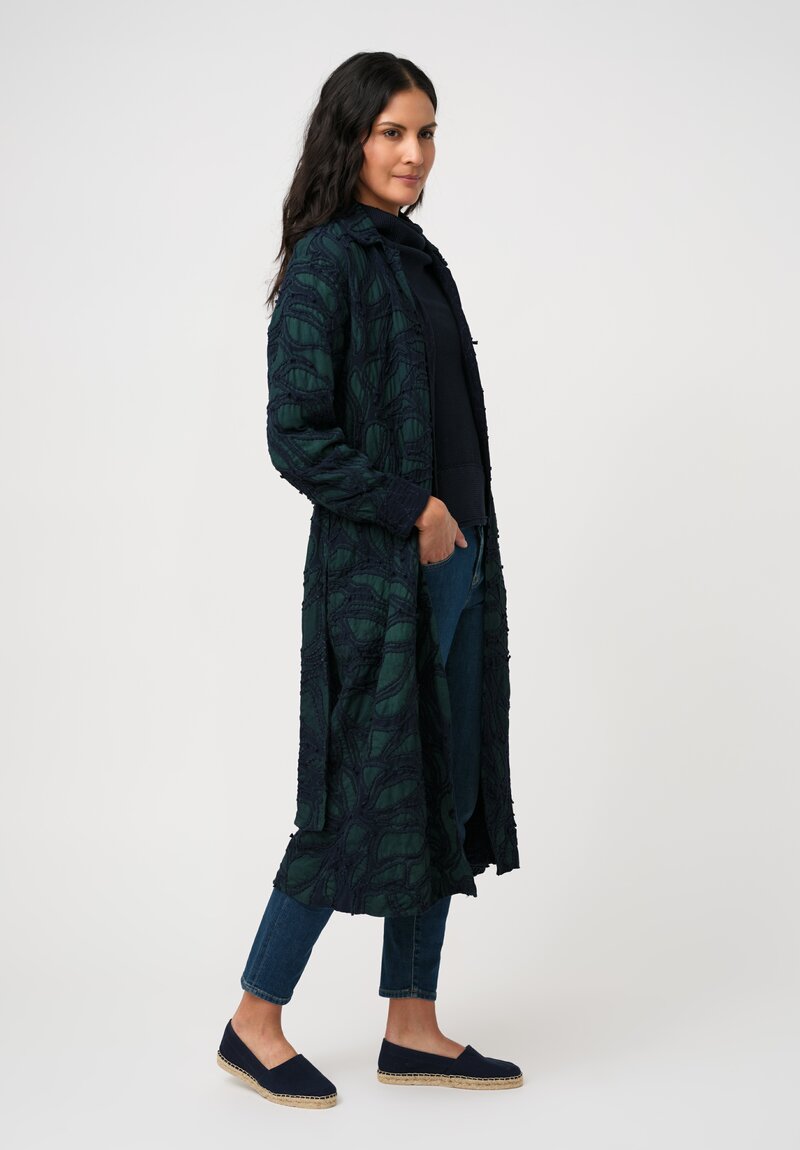 Alabama Chanin Cotton Fallen Leaves Appliqué Trench Coat in Midnight Teal Blue