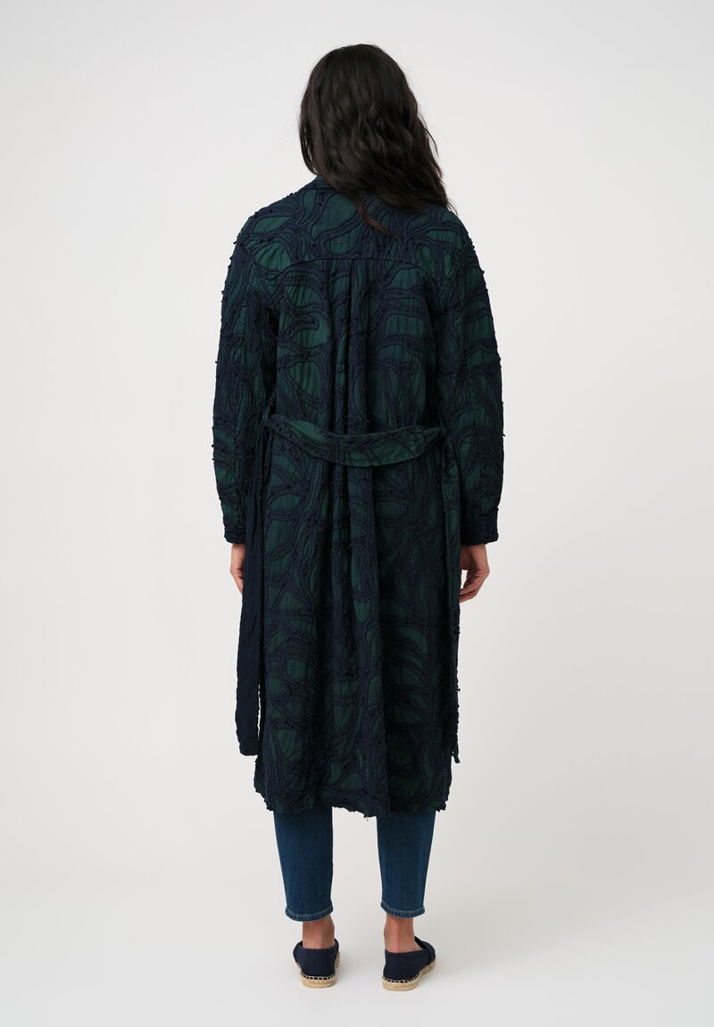 Alabama Chanin Cotton Fallen Leaves Appliqué Trench Coat in Midnight Teal Blue
