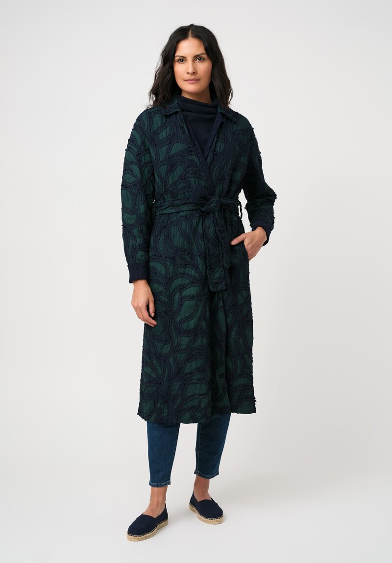 Alabama Chanin Cotton Fallen Leaves Appliqué Trench Coat in Midnight Teal Blue