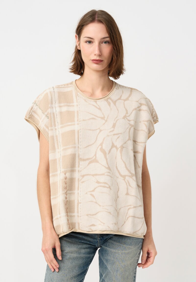 	Alabama Chanin Cotton Hand-Dyed & Embroidered Waffle Knit Top in Natural Plaid & Fallen Leaves