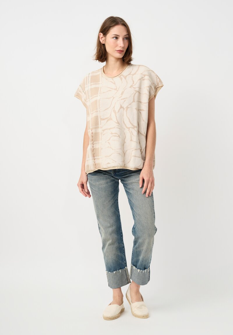 	Alabama Chanin Cotton Hand-Dyed & Embroidered Waffle Knit Top in Natural Plaid & Fallen Leaves
