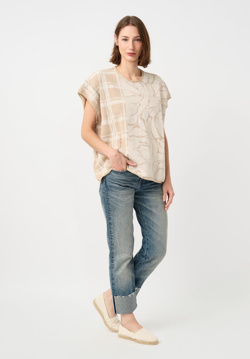 	Alabama Chanin Cotton Hand-Dyed & Embroidered Waffle Knit Top in Natural Plaid & Fallen Leaves