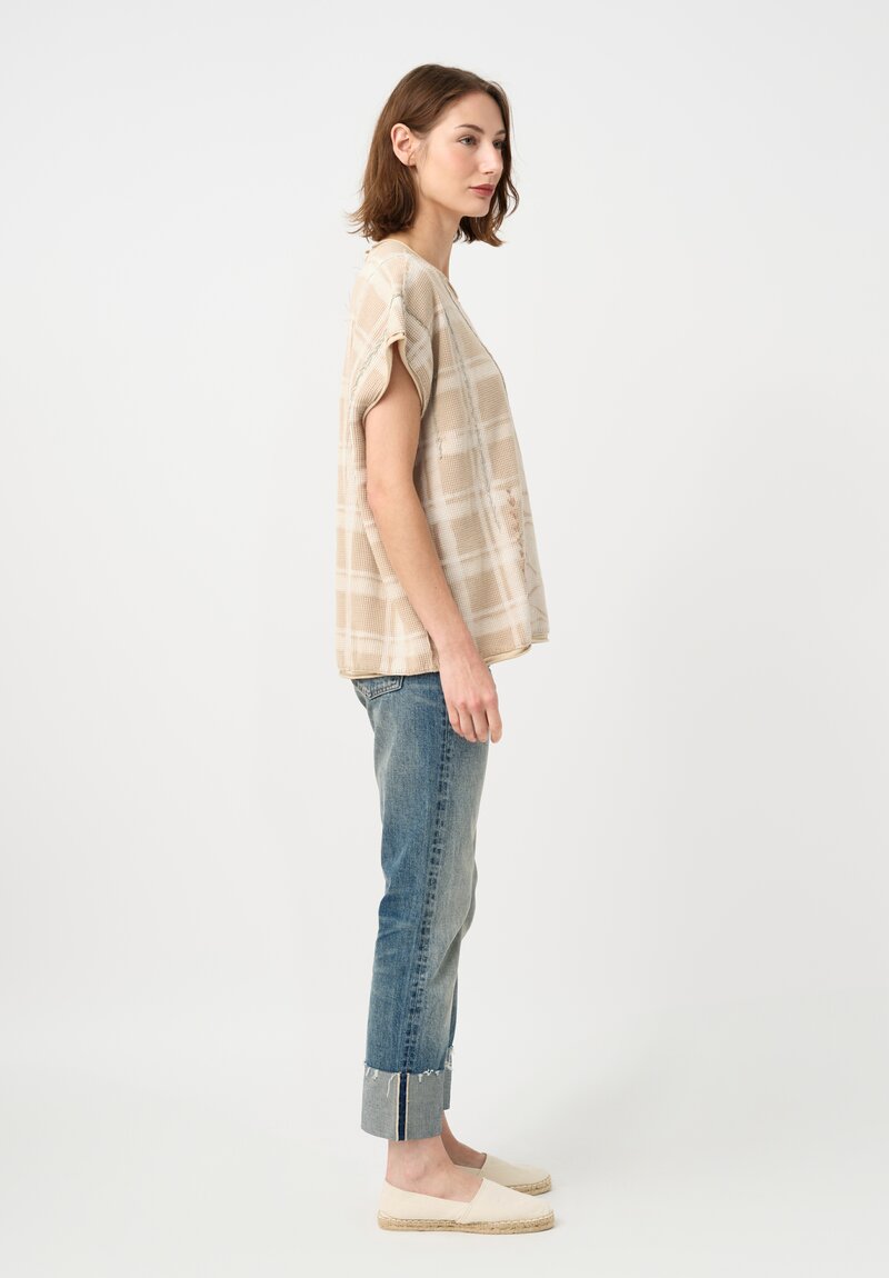 	Alabama Chanin Cotton Hand-Dyed & Embroidered Waffle Knit Top in Natural Plaid & Fallen Leaves