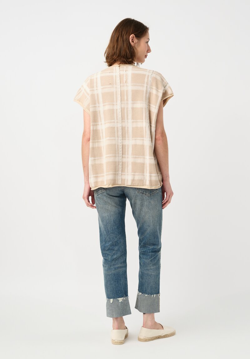 	Alabama Chanin Cotton Hand-Dyed & Embroidered Waffle Knit Top in Natural Plaid & Fallen Leaves