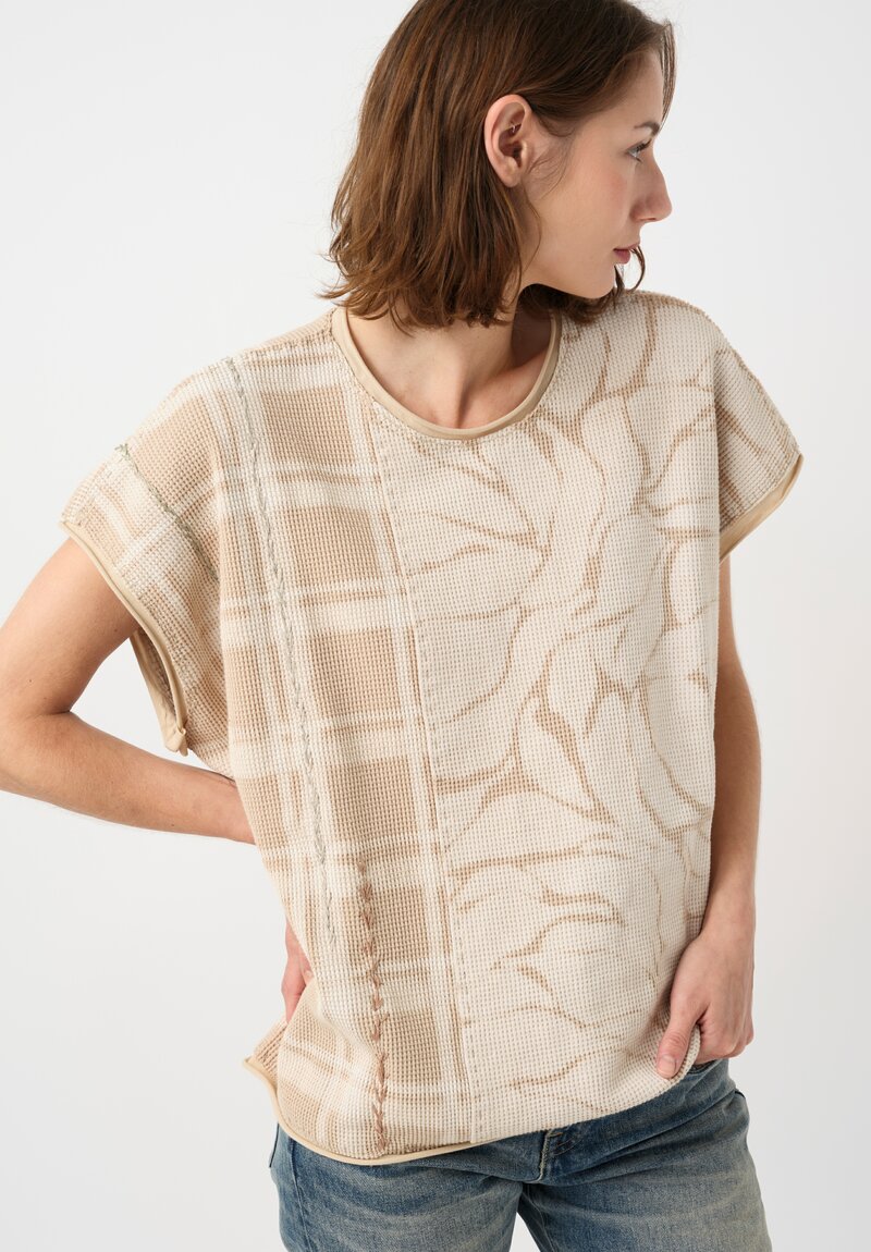	Alabama Chanin Cotton Hand-Dyed & Embroidered Waffle Knit Top in Natural Plaid & Fallen Leaves