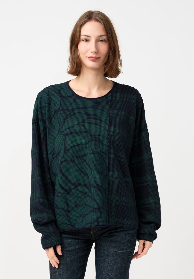 	Alabama Chanin Cotton Hand-Dyed Waffle Knit Pullover in Midnight Teal Blue Plaid & Fallen Leaves