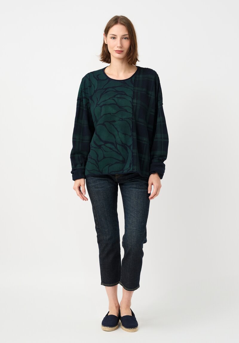 	Alabama Chanin Cotton Hand-Dyed Waffle Knit Pullover in Midnight Teal Blue Plaid & Fallen Leaves