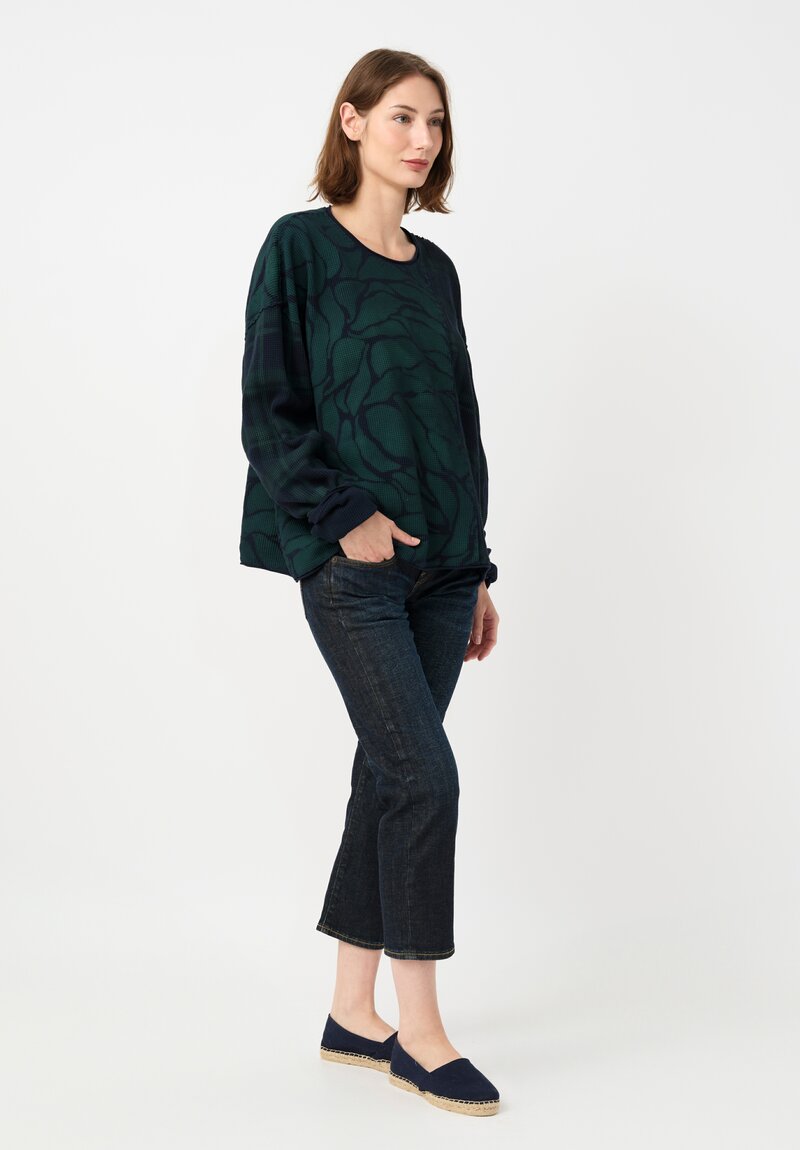 	Alabama Chanin Cotton Hand-Dyed Waffle Knit Pullover in Midnight Teal Blue Plaid & Fallen Leaves