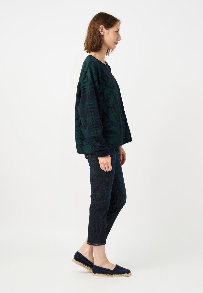 	Alabama Chanin Cotton Hand-Dyed Waffle Knit Pullover in Midnight Teal Blue Plaid & Fallen Leaves