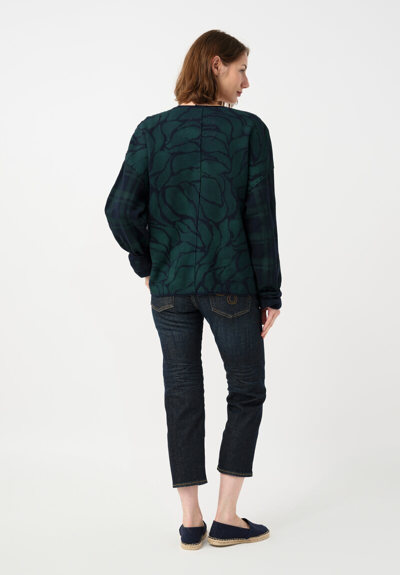 	Alabama Chanin Cotton Hand-Dyed Waffle Knit Pullover in Midnight Teal Blue Plaid & Fallen Leaves