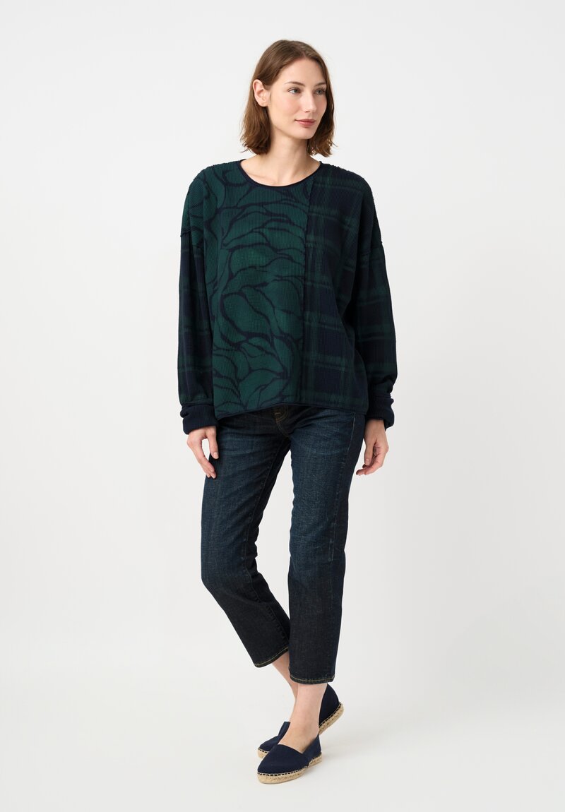 	Alabama Chanin Cotton Hand-Dyed Waffle Knit Pullover in Midnight Teal Blue Plaid & Fallen Leaves